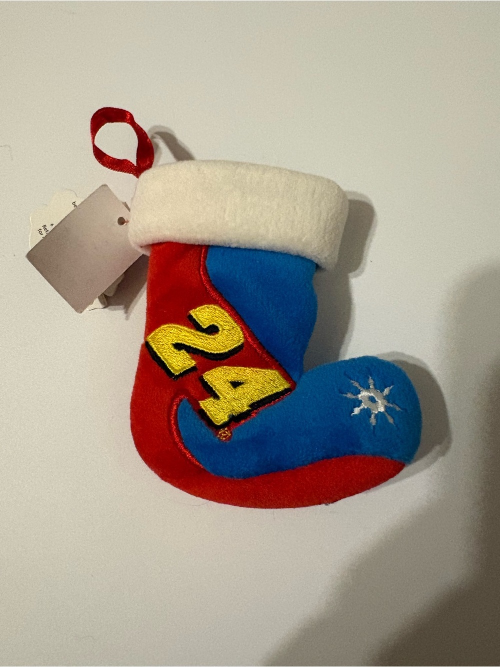 Jeff Gordon #24 Blue & Red Holiday Stocking Ornament with Yellow '24' Patch NWT
